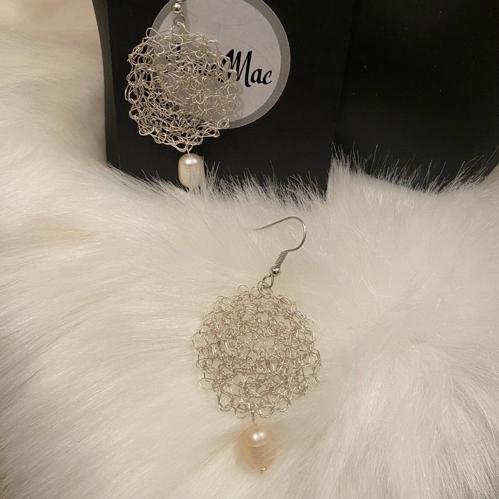 Hand Crochet Wire Earrings - Freshwater Pearl - janie mac ireland