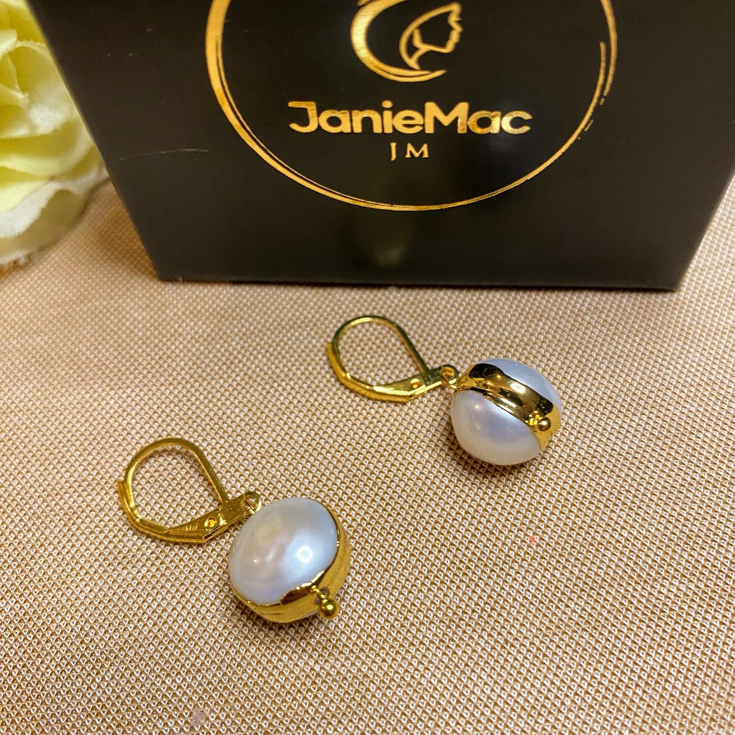 Gold Rimmed Fresh Water Pearl Earrings