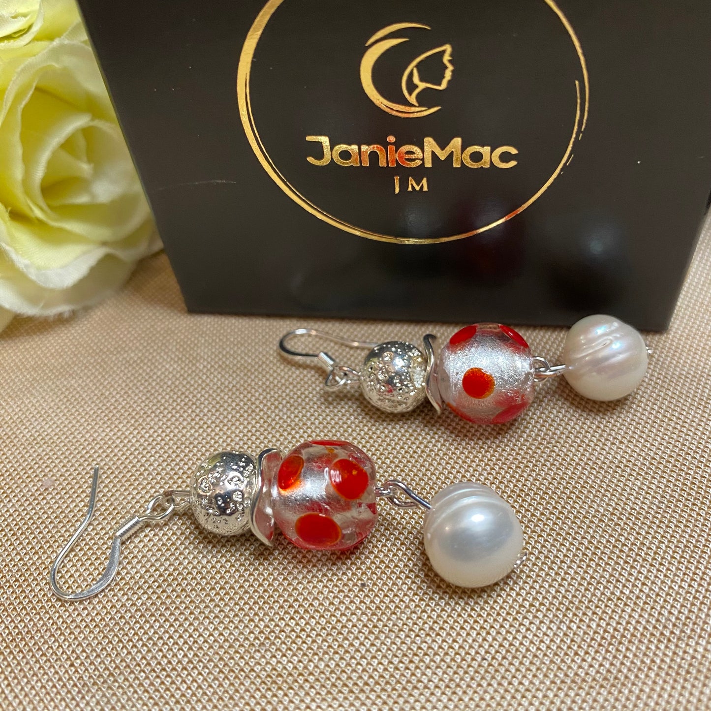 Lava, Glass and Freshwater Pearl earrings