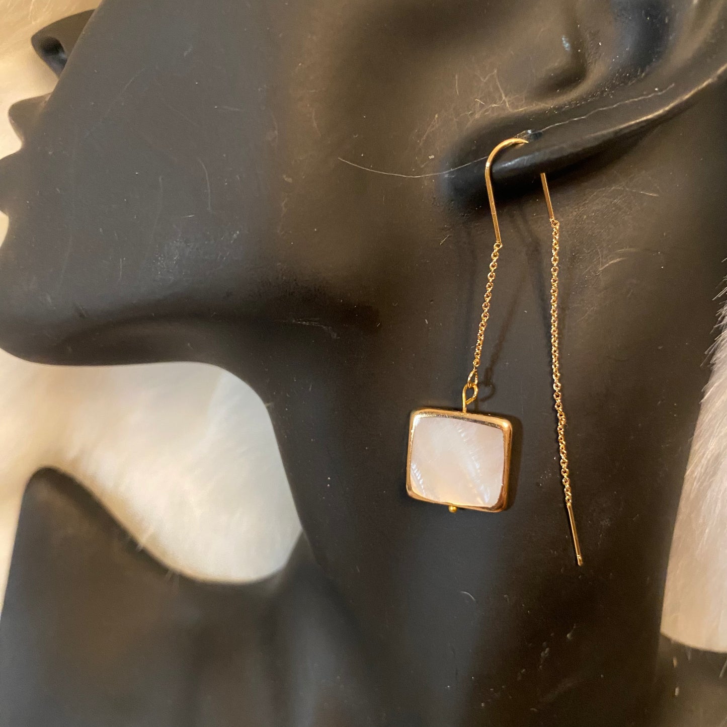 Square Shell Pearl Long Earrings