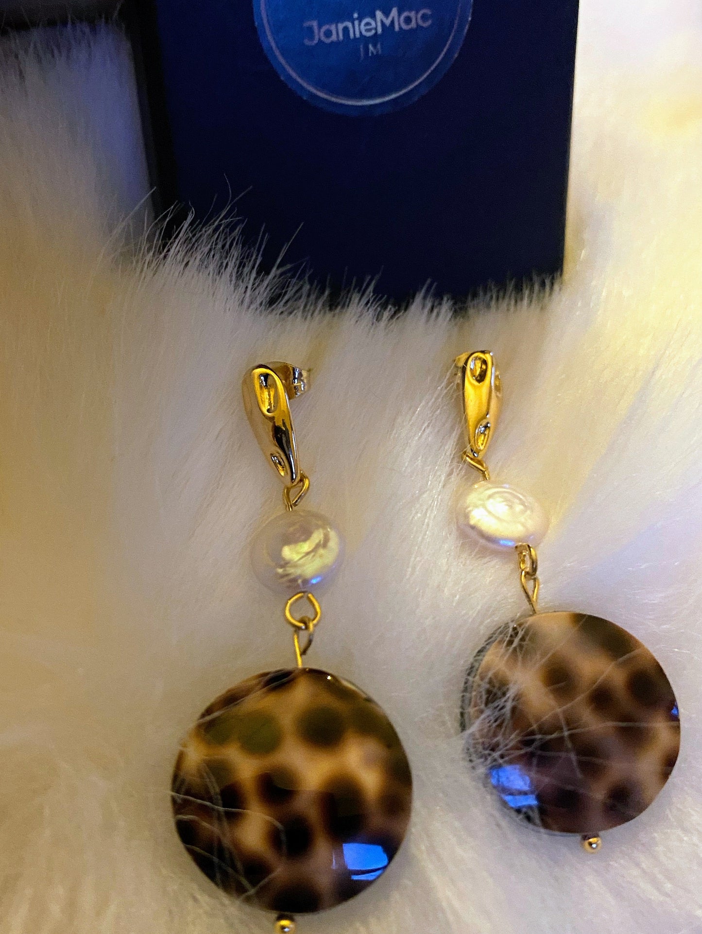 Tiger Cowrie Shell and Keshi Pearl Earrings