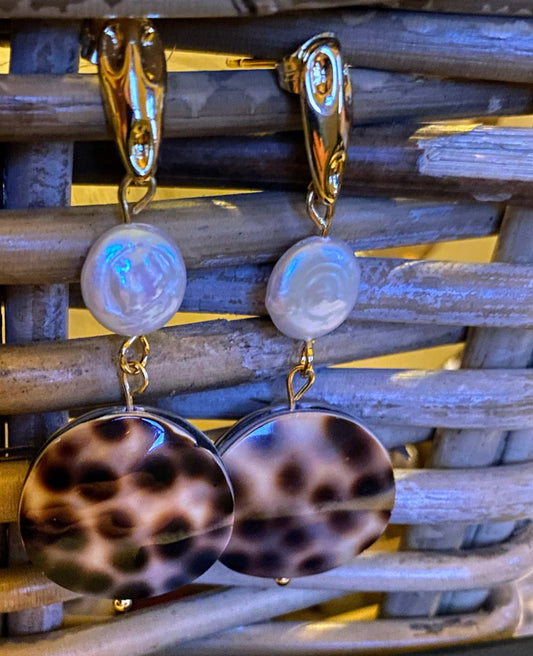Tiger Cowrie Shell and Keshi Pearl Earrings