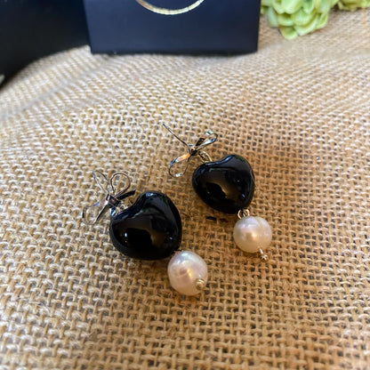 Black Glass Heart Earrings