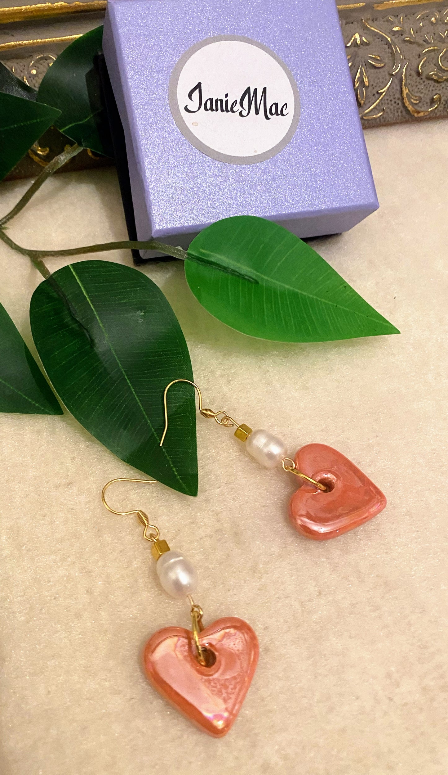 Ceramic Orange Heart and Fresh Water Pearl Earrings