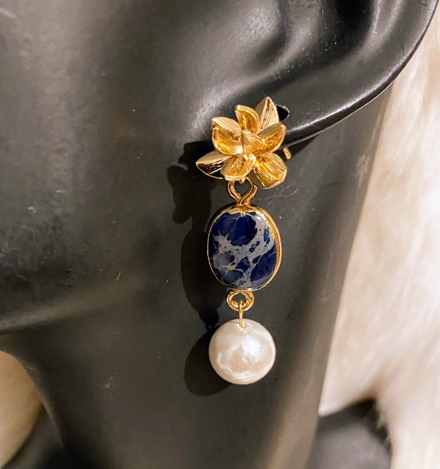 Classy Imperial Jasper and Pearl Earring