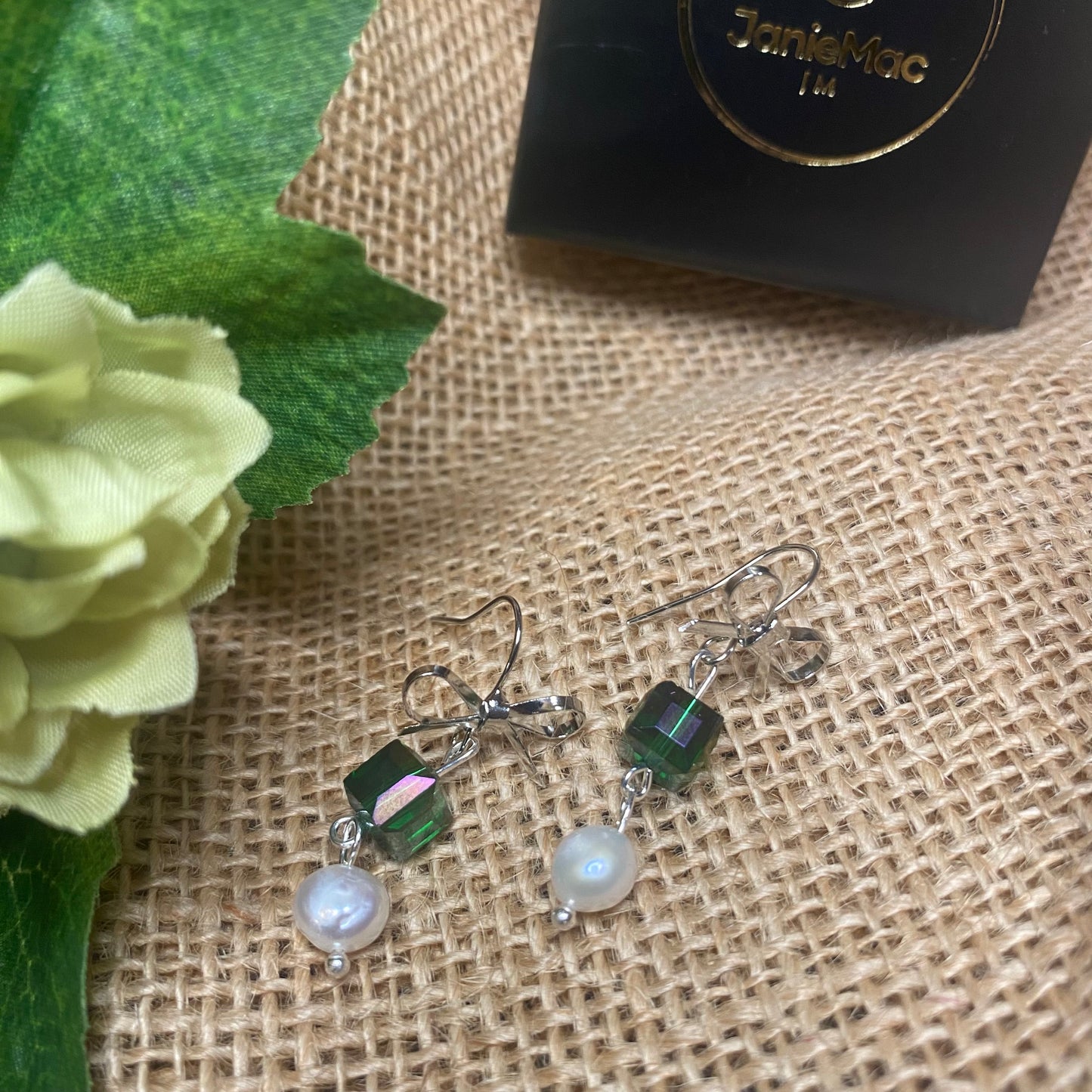 Crystal Green and Fresh Water Pearl Earrings