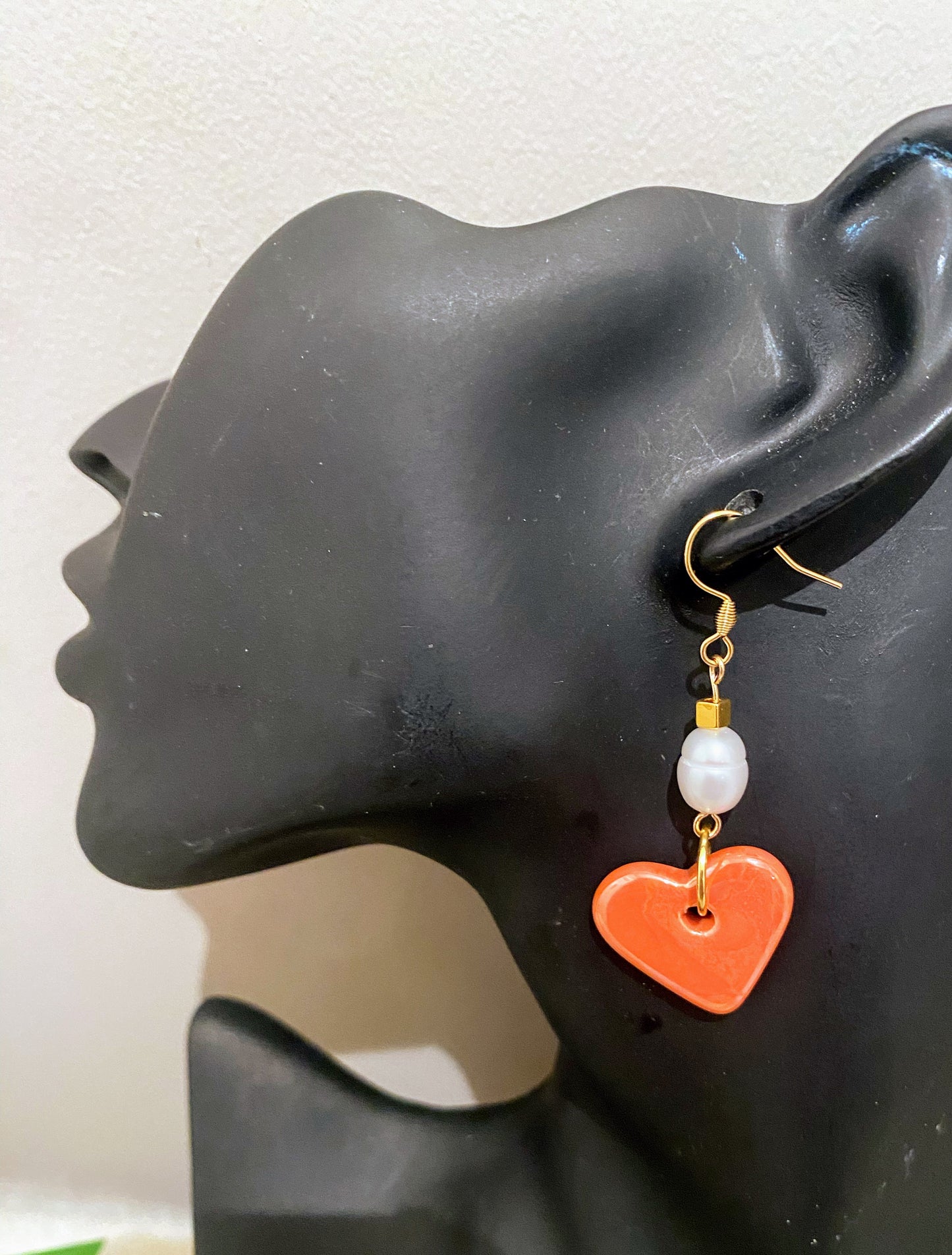 Ceramic Orange Heart and Fresh Water Pearl Earrings
