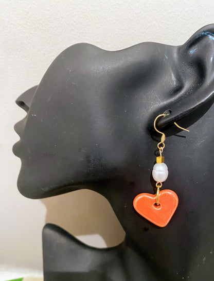 Ceramic Orange Heart and Fresh Water Pearl Earrings