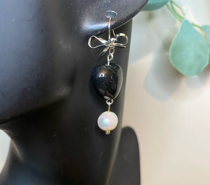 Black Glass Heart Earrings