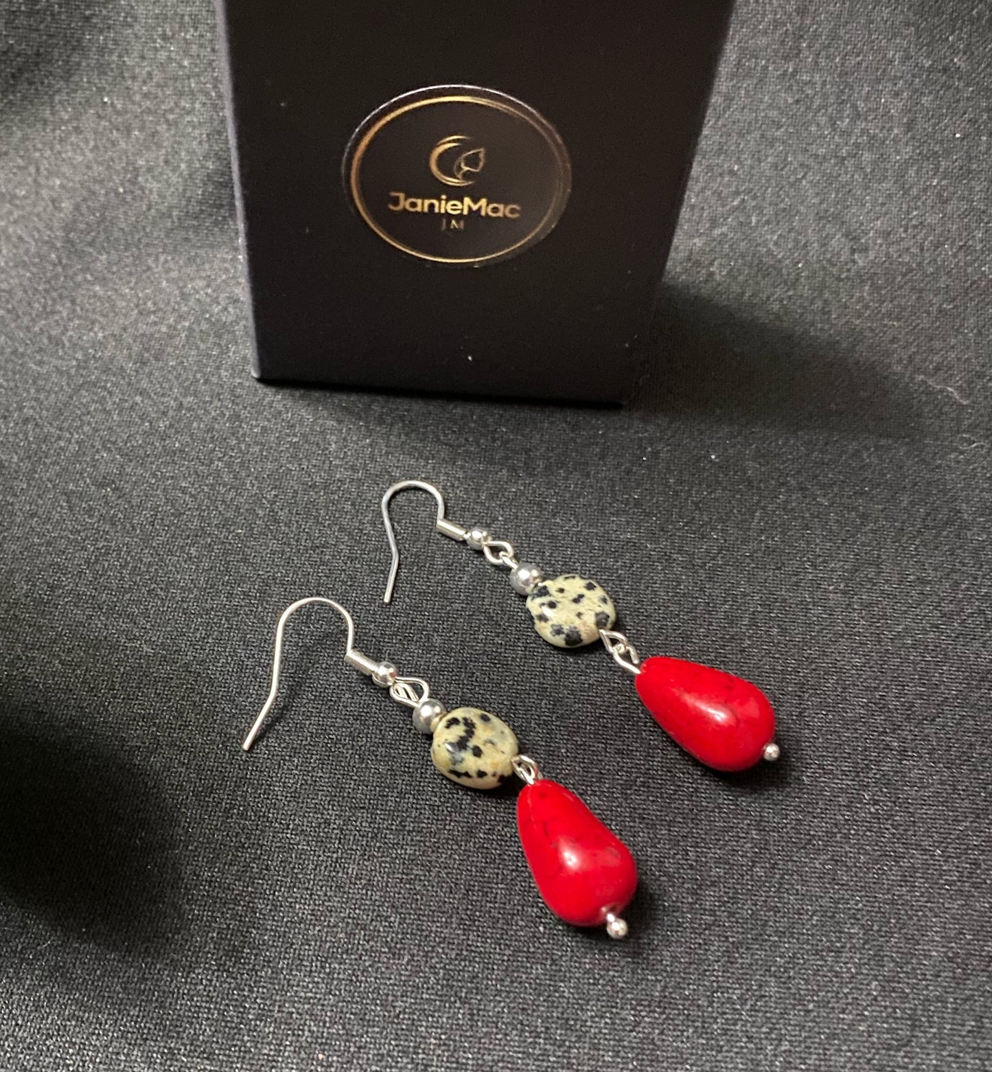 Dalmatian and Red Stone Earrings