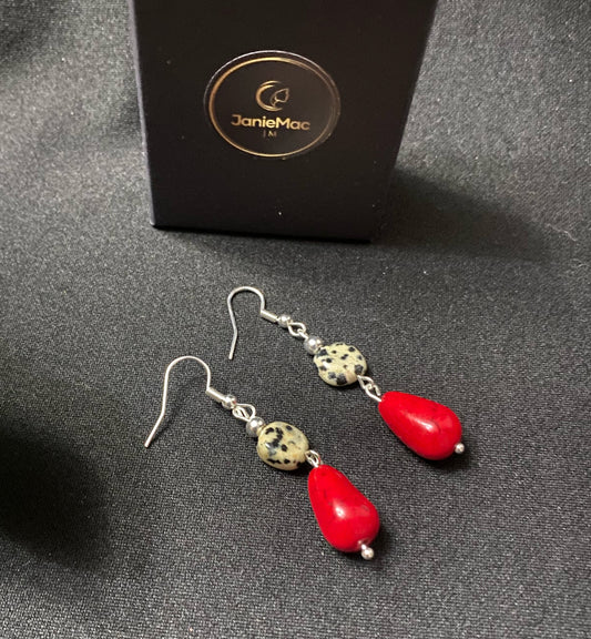 Dalmatian and Red Stone Earrings